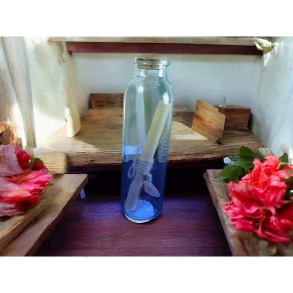 Glass Spell Bottle With Cork & Sealed Scroll 8" Clear & Blue - Picture 1 of 10